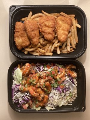 Vegan fish and chips and vegan dynamite shrimp   at California Fish Grill in Bakersfield