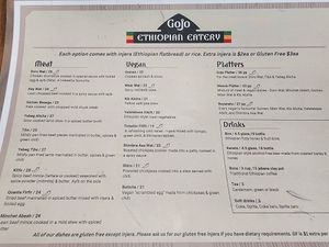 Menu Feb 2024 at Gojo Ethiopian Eatery in Auckland