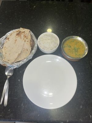 Yellow lentil curry, rice and roti.  at Tikka N Talk in Bangkok