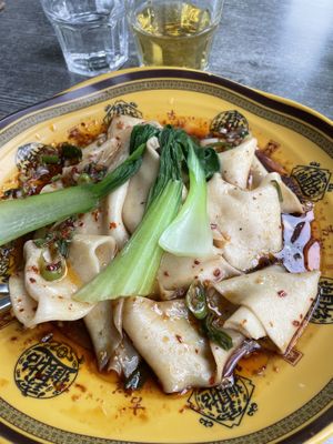 Hand pulled belt noodles and veg dumplings  at Xi'an Biang Biang Noodles in East London