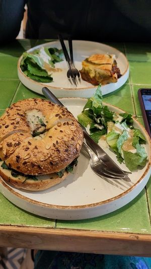 Mushroom Bagel (very good) at Bloom Cafe & Cakery in New Delhi