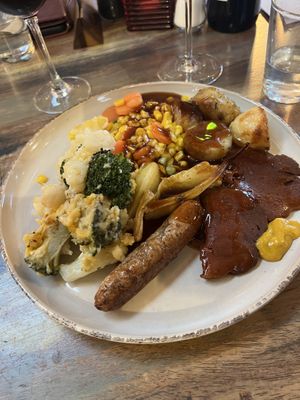 Carvery food with vegan ‘beef’ and sausage  at The Barn Pub & Restaurant in Rugby