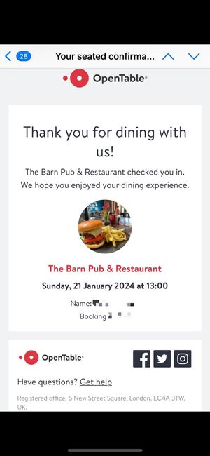 They sent us this when we arrived at The Barn Pub & Restaurant in Rugby