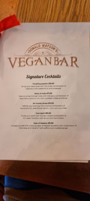 Cocktail menu at Donald Watson's Vegan Bar in Leicester