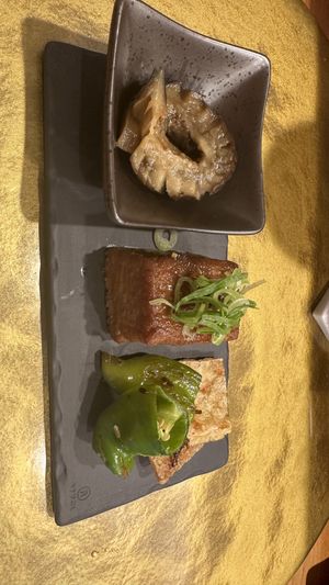 Obanzai assortment (aubergine, tofu, chili and tofu skin)  at Vegan Izakaya NIJIYA 虹屋 in Kyoto