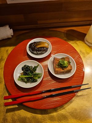 spinach(?), eggplant, fried tofu. at Vegan Izakaya NIJIYA 虹屋 in Kyoto