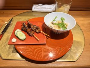 Soy meat yakitori & dumplings  at Vegan Izakaya NIJIYA 虹屋 in Kyoto