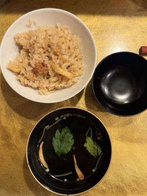 Rice with ginger and osuimono soupnds  at Vegan Izakaya NIJIYA 虹屋 in Kyoto