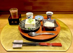 Yuzu Tofu and Yuba Tofu Skin  at Vegan Izakaya NIJIYA 虹屋 in Kyoto