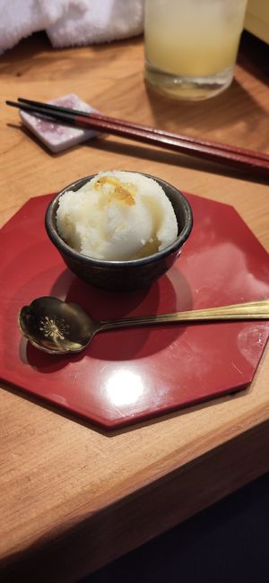 Yuzu sorbet at Vegan Izakaya NIJIYA 虹屋 in Kyoto
