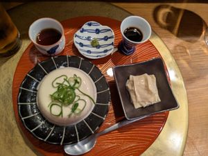 Yuzu tofu and yuba tofu skin at Vegan Izakaya NIJIYA 虹屋 in Kyoto