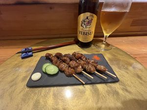 Yakitori and beer  at Vegan Izakaya NIJIYA 虹屋 in Kyoto