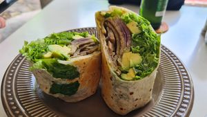 Soy meat,  mushroom and avo wrap at Bowl Acai Bar in Puerto Ayora