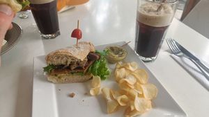 vegan sandwich and iced coffee at Bowl Acai Bar in Puerto Ayora