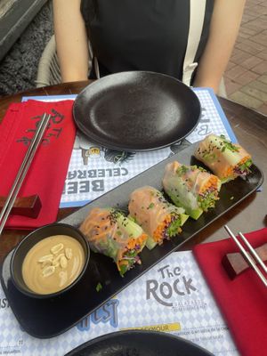 Vegan spring rolls with peanut saucee  at The Rock in Puerto Ayora
