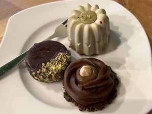 Before photo of my desserts: Pistachio-chocolate, pistachio-raspberry, and chocolate-caramel   at Atelier Dulce Amarui in Cluj-napoca