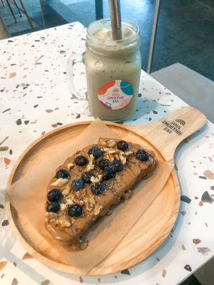 Almond butter toast and green smoothie   at Soul Smoothie Bar in Central Singapore