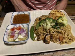 Fried noodles with veg, satay and tempeh   at SweetSoul Lanta in Krabi