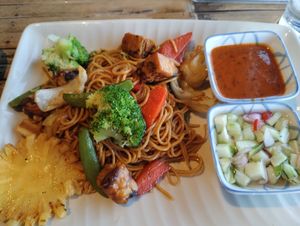 Fried noodles with veggies, tempeh and sate sauce at SweetSoul Lanta in Krabi