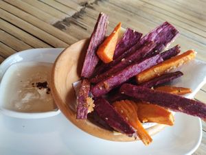Fried sweet potato with homemade vegan mayonnaise at SweetSoul Lanta in Krabi