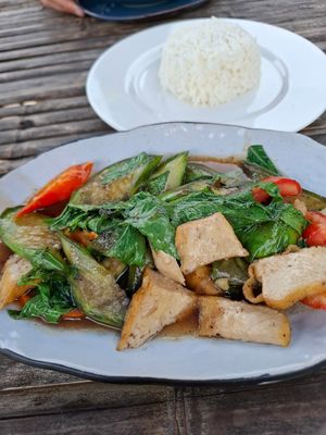 Stir fried eggplant with basil and tofu at SweetSoul Lanta in Krabi