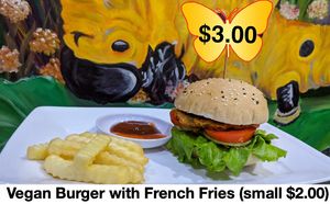 Burger with fries, tomato and chili sauce. at Butterfly Paradise  in Siem Reap