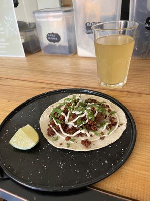 Taco con papas y chorizo, and the citrus kombucha  at Herbívora in Oaxaca