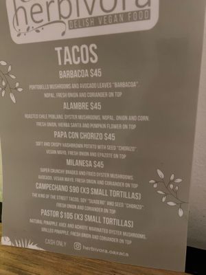 Current menu (February 2023) at Herbívora in Oaxaca