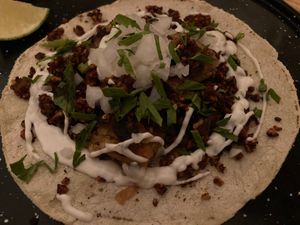 Papa con chorizo at Herbívora in Oaxaca