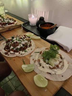 left: papa con chorizo, right: milanesa  at Herbívora in Oaxaca