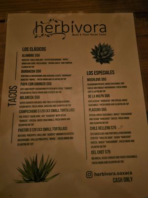 Menu at Herbívora in Oaxaca