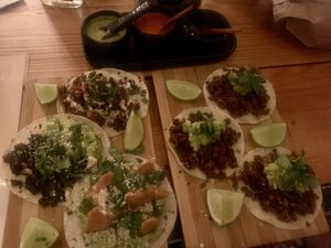 Placero + de la milpa + papa con chorizo + campechano  at Herbívora in Oaxaca