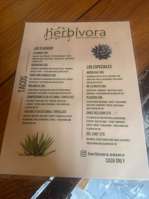 The menu at Herbívora in Oaxaca
