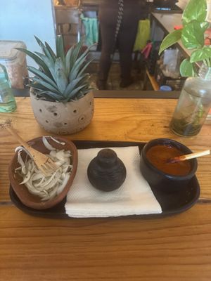 The red sauce is spicy  at Herbívora in Oaxaca