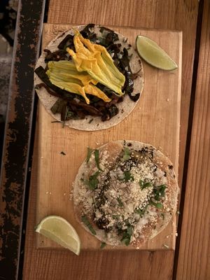 tacos de alambre (arriba) y chile relleno (abajo)  at Herbívora in Oaxaca