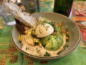 Vegan breakfast bowl with vegan egg  at The Grey Dog in New York City