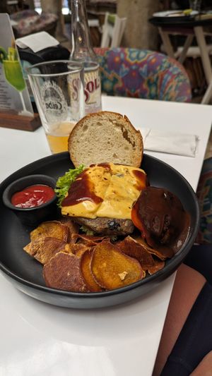 Vegan cheese burger (very cheesy) at Casa Maya  in Merida