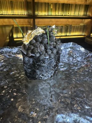 Beluga lentil caviar, gold leaf   at Omakaseed in New York City