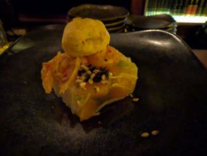 5 - Ramen Kanten - 
Fried Vermicelli, Dashi Kanten Broth, Corn, Peas, Carrot, Gat-Kimchi, Caramelized Lotus Seed, Marigold
 at Omakaseed in New York City