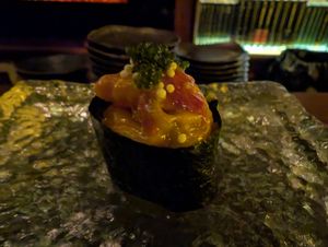 8 - Spicy Watermelon Tartar - 
Dehydrated Watermelon, Spicy Mayo, Scallions, Masago Arare, Omibodo
 at Omakaseed in New York City