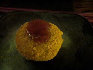 15 - Kuri Kinton Croquette - 
Japanese Sweet Potato, Kuri No Kanroni, Black Plum Sauce
 at Omakaseed in New York City