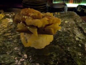 12 - Tomayoba & Leek - 
Pickled Burdock Root, Caramelized Leek, Crispy Oyster Mushroom, Miso Butterscotch
 at Omakaseed in New York City