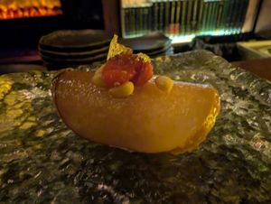 14 - Baesuk - 
Poached Asian Pear, Ginger, Goji Berry, Toasted Pine Nut, Scallions, Mellody™ Spicy Honey 
 at Omakaseed in New York City