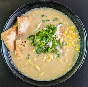 ramen with miso veggie broth, bean sprouts, corn, and marinated tofu at Kenji's Ramen & Grill in Vancouver