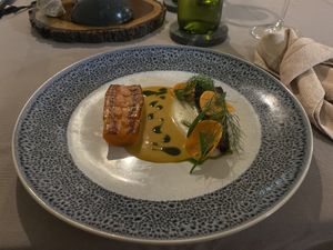 This vegan dish is the vegan option to replace the fish part of the degustation. This dish varies depending on season. They’ve used carrot and bush herbs including dill  at The Flackyard in Pinnacle