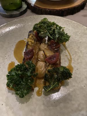 Another exciting course with kale, vegetables and exiting emulsions. Every dish uniquely distinguishable from  at The Flackyard in Pinnacle