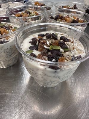 Gluten-Free Oats and Chia Pudding with pumpkin seeds, sunflower seeds, dried fruits (apricot, dates, raisins) at DelecTable by Zarla Jane in Scarborough