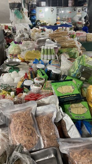 Different types of vegan noodles, coconut creams, dried mushrooms and more!  at Mock Meat Stall in Da Lat