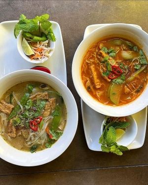 Fruitarian Pho and Spicy Bún noodle soup at Viet Hoa Cafe & the Fruit in London