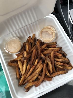 French fries, 2 different sauces at Trumpet Blossom Cafe in Iowa City
